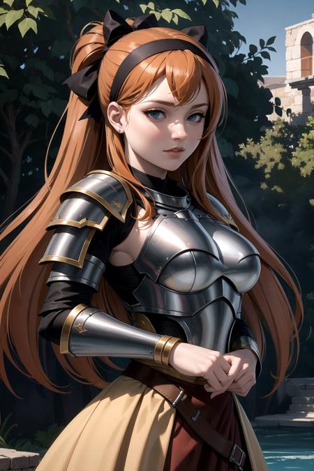 <lora:RtPL-Lina-05:0.6> lyuri_(riviera), headband, orange_hair, long_hair, hair_bow, armor, breastplate, shoulder_armor,, beautiful, (masterpiece:1.2), (best quality:1.2), perfect eyes, perfect face,<lora:perfectfingers:1.0>