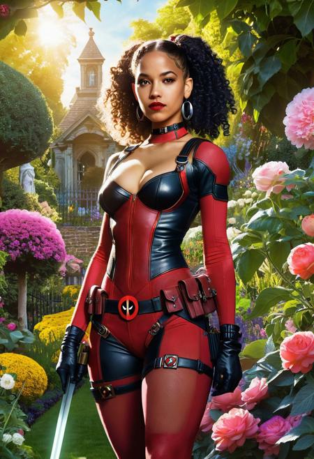 (art definition Deadpool save the Multiverse Style:0.9), (artist design by Marvel Universe:1.1), (kind young lightskin biracial feminine woman as lowly prostitute, character maiden of light, magical prowess, glowing auras, pristine skin, detailed bright pupils, supple body:1.4), (in a garden with her girlfriends:1.5), (change pose each iteration:2)