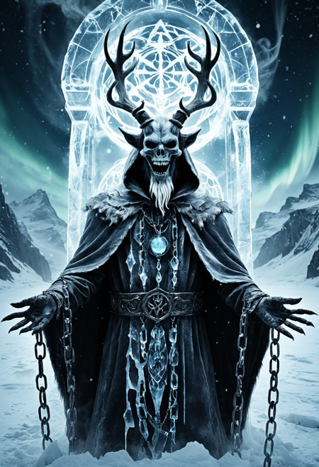 Krampus the Frosted Warden, towering spectral figure cloaked in ancient frost-bitten chains, translucent ice-armor etched with forgotten sigils, antlers made of glacial crystal twisting toward the sky, skeletal face frozen into a permanent grin, dragging a frozen censer of whispering souls, standing at the gates of a dead kingdom beneath aurora-lit skies, snow swirling like ash, double exposure of crystalline patterns and lost childrenâs faces embedded in his cloak, mystical and terrifying
bo-exposure, aurora haze, double exposure, ice sigils, spectral wind
<lora:s:1> <lora:midjourney_whisper_flux_lora_v01:1>