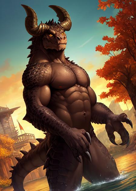 uploaded on e621, by Rafael Albuquerque, by Franz Xaver Winterhalter, by Gerald Brom, by Sandra Chevrier,
solo ((deathclaw)) with ((grey brown body)) and (claws) and (large horn) and and (spikes \(anatomy\)), ((clear yellow eyes)), BREAK, 
(detailed by Chen Hongshou deathclaw), (detailed lighting), (detailed glistening scales), BREAK, ((nude)), (((photorealistic))),
(((standing at floating hotel with water on autumn day))), (cinematic lighting), (((detailed background))), ((depth of field)),
((low-angle view)), (((three-quarter view))), (half body shadow),
[realistic proportions], [explicit content, adult, nsfw], [sharp focus], (questionable content), (shaded), (hi res), ((masterpiece)), BREAK