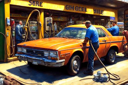 oil painting of a man filing a car with gas at a gas station, realistic, intricate background, art by dgstyle