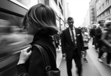 A cinematic black-and-white photograph capturing a suspenseful urban scene. In the extreme foreground, a young woman with short hair is mid-motion, twisting her upper body and head back as if someone just softly called her name. Her face is very close to the camera, only partially visible and motion-blurred, with loose strands of hair crossing her features. She clutches her bag tightly, her posture tense and cautious. In the distant background, the only sharply focused figure is a man in a dark suit, standing completely still amid a fast-moving, blurred crowd. The contrast between the woman’s blurred movement and the man’s still clarity evokes a mood of isolation, suspense, and a fleeting, unspoken connection. Long exposure, shallow depth of field, high contrast black-and-white, emotional and atmospheric.