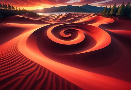 sandswirl, swirling sand, score_9, score_8_up, score_7_up , colorful , sunset, (red sky:1.1), swirling sand road, pine trees, local road, golden hour lighting, Photo realistic, Natural atmospheric lighting, intricate details, 35mm photograph, film, professional, 32k visuals, highly detailed, (swirling sand village:1.2), close up.