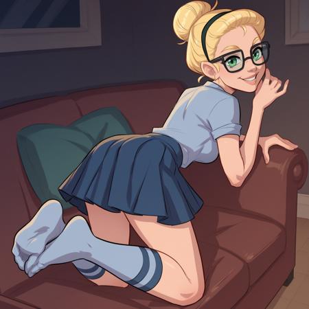 xemmax, blonde hair, hair bun, green eyes, glasses, hairband shirt, skirt, socks, shoes, cleavage