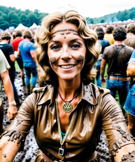 a selfie of the best quality showing a 70s woman at woodstock, covered in mud