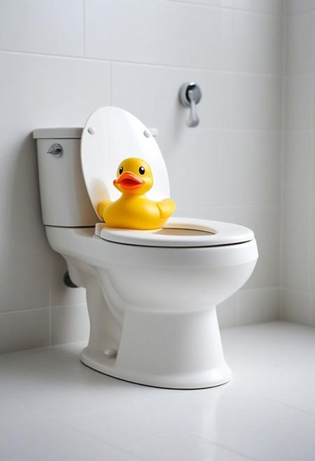 masterpiece, high quality, toliet, bathroom, macro photography, visible toilet, skibidi, Meet the legendary rubber duck—a true icon of unexpected adventures! Small, chubby, and forever smiling, this little yellow hero floats through life without a care. Its bright orange beak is always ready for action, bravely navigating the swirling currents of the toilet bowl like a true maritime explorer. With every flush, it spins in dramatic fashion, clinging to its dignity as it circles the drain. Squeeze it, and it lets out a cheerful squeak, as if saying, "I regret nothing!" Simple yet charming, the rubber duck remains a beloved (if slightly soggy) companion for kids, nostalgic adults, and the occasional unlucky plumber.