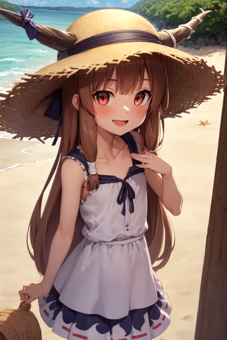 1girl, solo, ibuki suika, horns, low-tied long hair, sidelocks, flat chest, summer dress, straw hat, smile, open mouth, blush, hand on breast, looking at viewer, outdoors, beach <lora:suika:1>