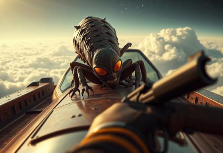Create a promotional image for a dystopian space-themed video game, featuring a close-up of a Desert punk-parasite on the hood of a spaceship, with a super soldier holding a shotgun in the foreground. The image should be in a photorealistic style, with an epic space background including clouds and stars. The perspective should be eye-level, with the spaceship window visible in the background. Incorporate a sense of danger and tension, with the parasite appearing venomous.