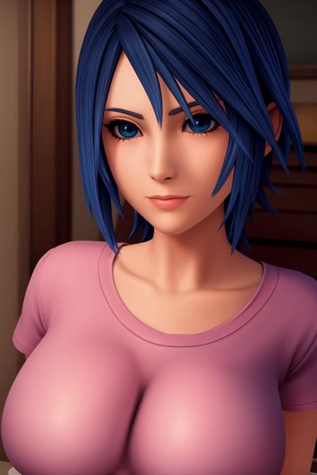 Highly detailed, High Quality, Masterpiece, <lora:[Floor]KHAqua:.6>, solo, 1girl, KH-Aqua, blue eyes, blue hair, short hair, (pink tshirt:1.4), (huge breasts:1.4), (upper body)