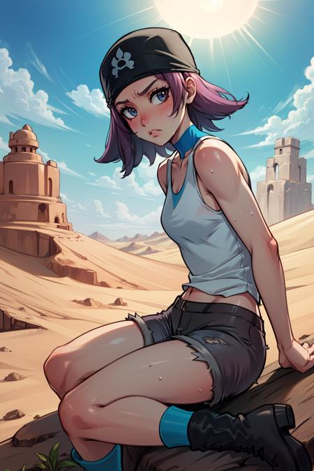 masterpiece, best quality, pkmntag, bandana, white tank top, black shorts, blue boots, looking at viewer, tired, sad, desert, sun, sweat <lora:teamaquagrunt-nvwls-v1-000010:0.8>