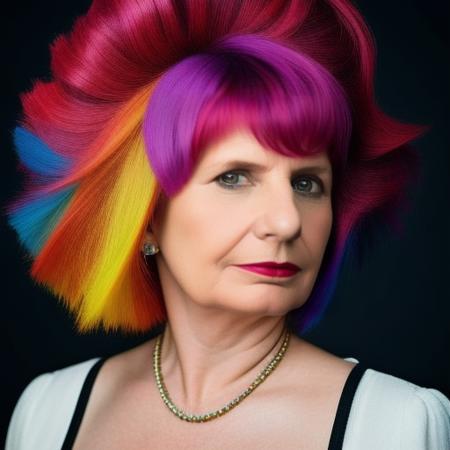analog style, modelshoot style, portrait of sks woman by Flora Borsi, style by Flora Borsi, bold, bright colours, rainbow Mohawk haircut, ((Flora Borsi)) <lora:p4tobuly-10:1>