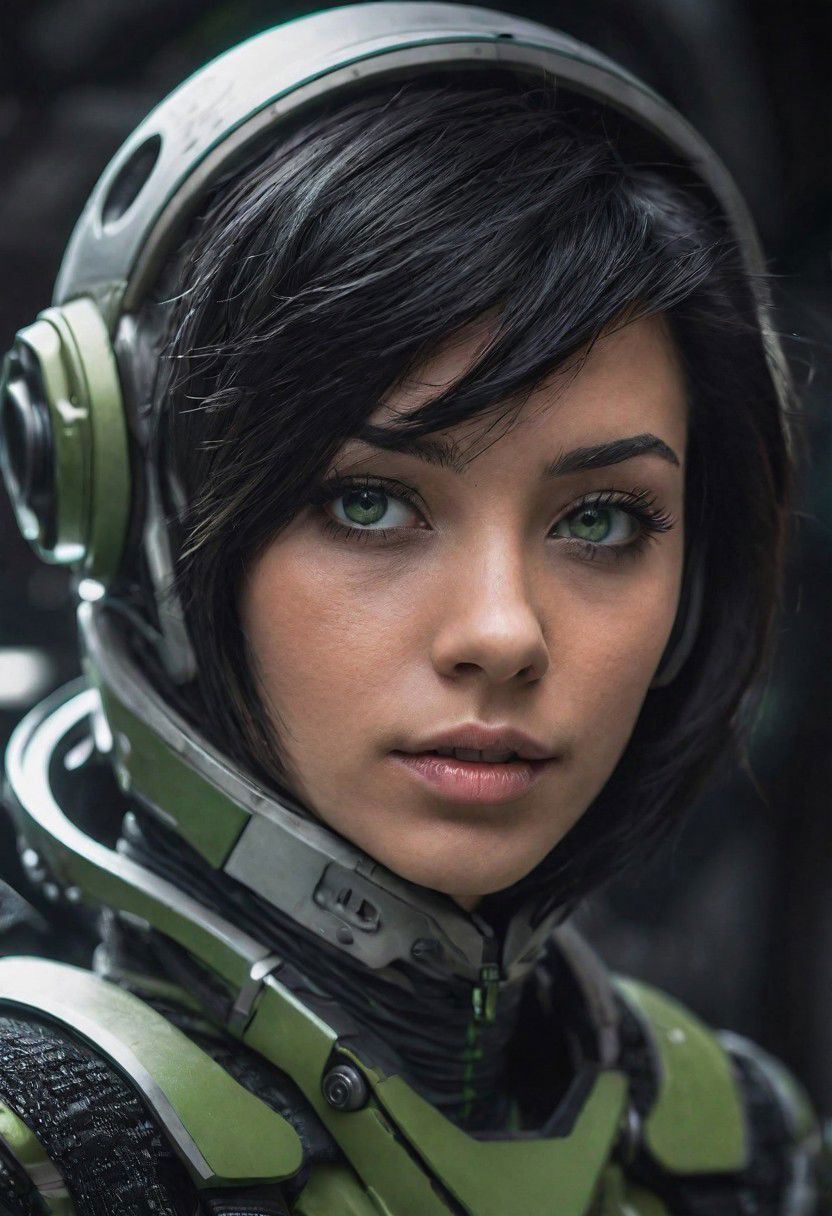 photo of a black hair woman, in space, futuristic space suit, (freckles:0.8) cute face, sci-fi, dystopian, detailed eyes, green eyes, 16k