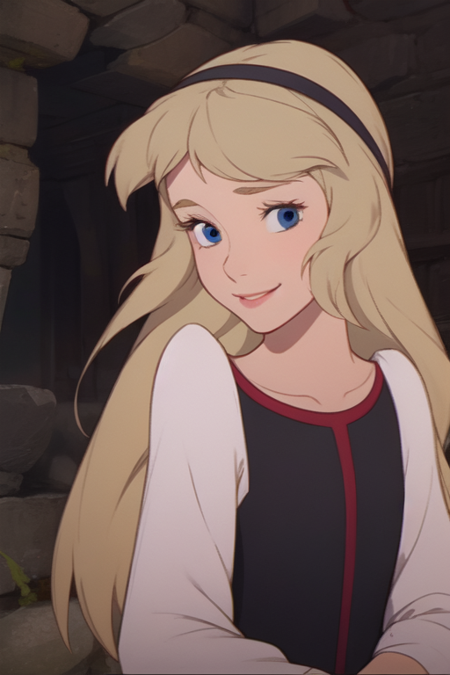 Princess Eilonwy, blonde hair, blue eyes, black hair band, long hair, black shoes, smile, half-lidded eyes