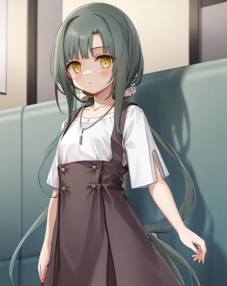 <lora:Yokote_Matsuri-10:0.8>,1girl, solo,shirt,dark green hair,dress, very long hair, yellow eyes, white shirt, short sleeves, necklace, pinafore dress,grey socks,