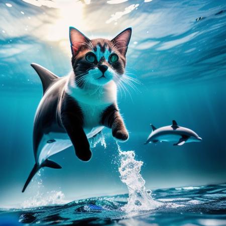 A photo of a cute dolphin-cat hybrid jumping from the sea, god light, (cat face:1.4), dolphin body, bold natural colors, wide angle view,  masterpiece, trending on artstation, photograph, award-winning, documentary, wildlife, 8k