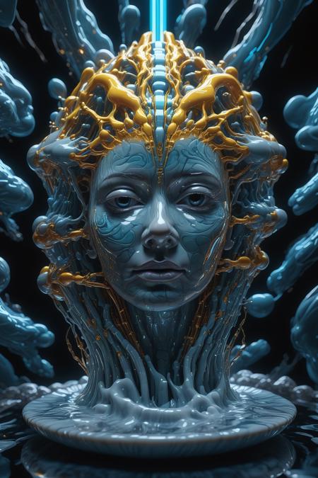 A sentient AI entity with a liquid marble body, its form constantly shifting between solid and fluid states. Glowing neon circuits pulse beneath its semi-transparent surface, resembling a mesmerizing fusion of technology and organic flow. The figure floats above a swirling vortex of iridescent liquid marble, as if emerging from the digital ether. Its outstretched hands weave glowing streams of data, forming intricate geometric holograms mid-air. The background is a futuristic cyber-temple, with cascading liquid neon forming abstract patterns on sleek metallic walls. Cinematic lighting, ultra-detailed reflections, 8K resolution, stunningly surreal, masterpiece.