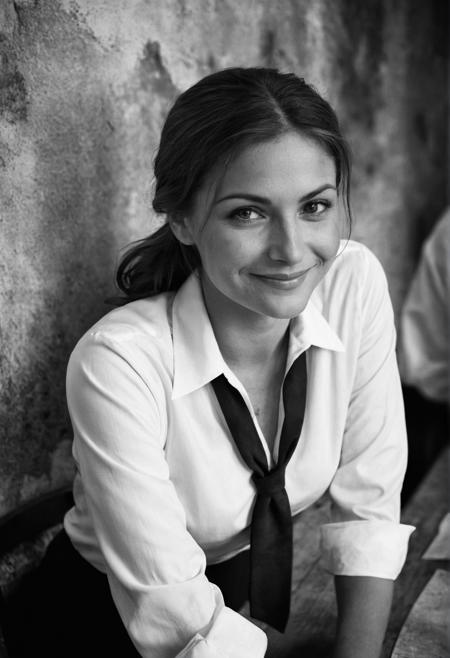 ((black and white)),  photography,  italian waitress leaning forward at table, smiling, cleavage,  old fresco wall, old caffee, dark backyard, spotlight, breasts, open white shirt, untied black necktie , black trousers, (cinematic), (film grain) <lora:stvmccrr:0.5>