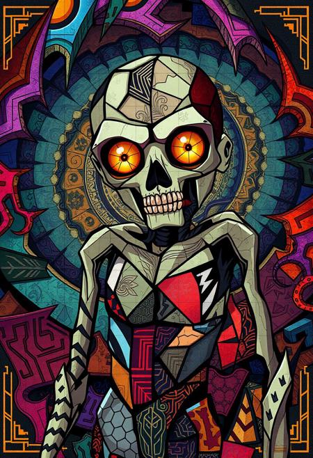 A hyper-stylized anime zombie, blending the opulent, geometric patterns of Art Deco with the fragmented, multi-angled forms of Cubism. The zombie's body is broken into multiple, overlapping planes, with each fragment rendered in bold, Cubist shapes and Art Deco-inspired patterns. The skin is a mosaic of geometric tiles, with each tile featuring a different Art Deco motif, from chevrons to zigzags. The eyes are two gleaming, gemstone-like orbs, surrounded by intricate, Art Deco-inspired filigree. The background is a swirling, Cubist-inspired vortex of colors and patterns, with Art Deco motifs woven throughout. The overall effect is one of eerie, unsettling glamour, as if the viewer is gazing into a fractured, nightmarish world. The zombie's limbs are depicted in a stylized, fragmented manner, with each joint rendered as a separate, geometric shape, adding to the sense of disjointed, Cubist chaos. highest-Quality, intricate details, visually stunning, Masterpiece