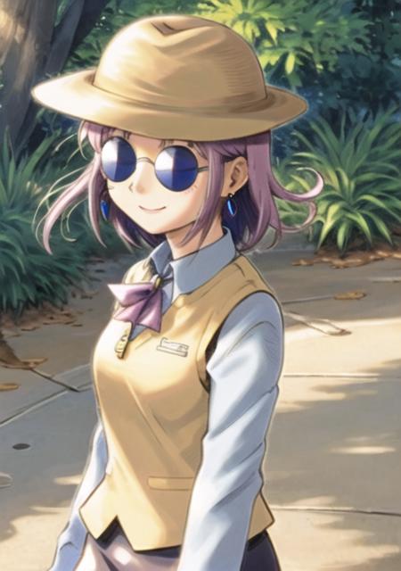 <lora:Takatsukokone-08:0.7>Takatsukokone, 1girl, solo, smile, hat, jewelry, earrings, outdoors, glasses, vest, sunglasses