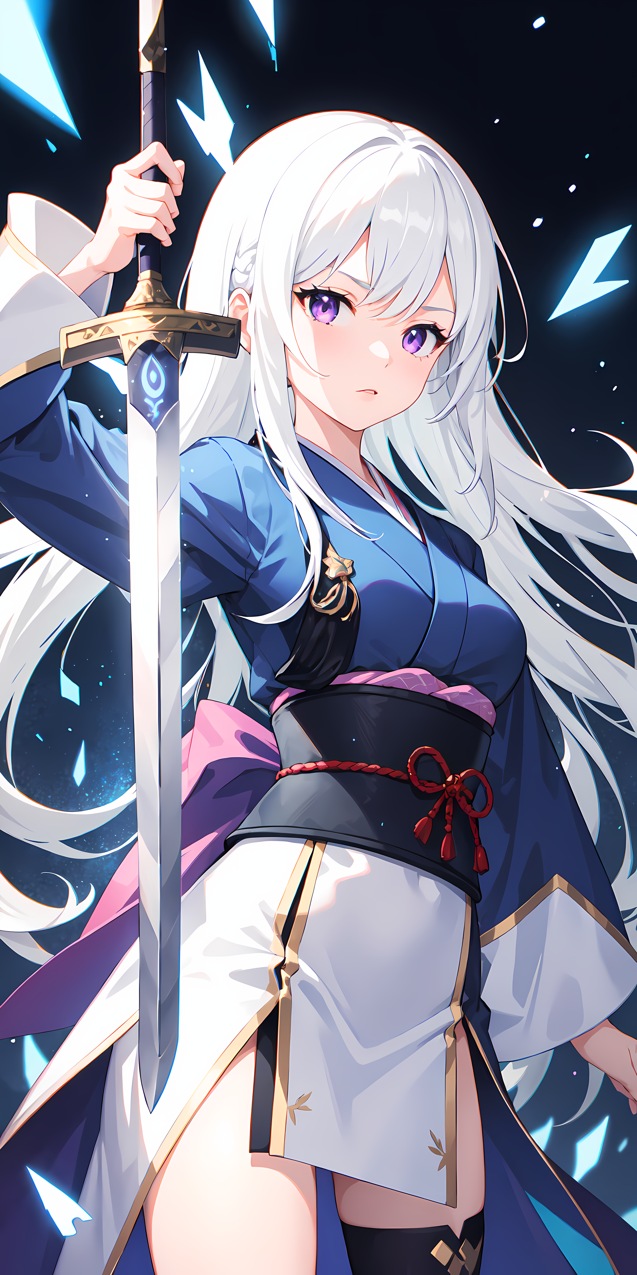 1girl, japanese armor, white hair, purple eyes, sword, ((holding sword)), blue flames, glowing weapon, light particles, wa...