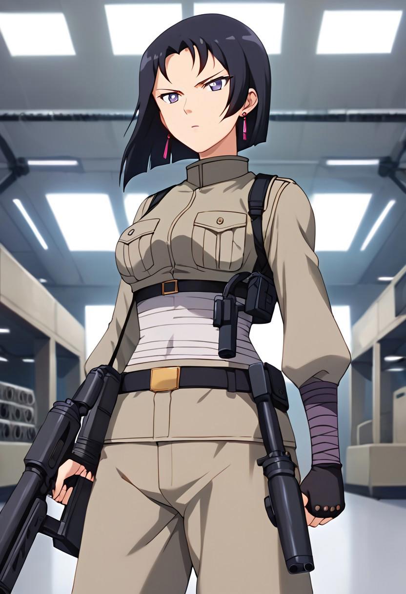 score_9, score_8_up, score_7_up, 1girl, solo, uncensored, <lora:ImaSokoAbeliaXL_v1.0:1> imasokoabelia, serious, expressionless, holding gun, aiming, black hair, earrings, military uniform, indoors, factory, dark, metal, machinery,