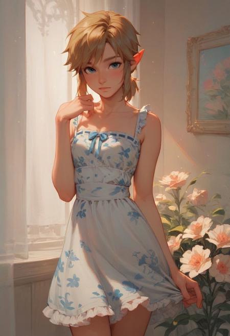 score_9, score_8_up, score_7_up, score_6_up, short petite cute boy Link wearing floral sundress, short ponytail, blue eyes, standing in bedroom