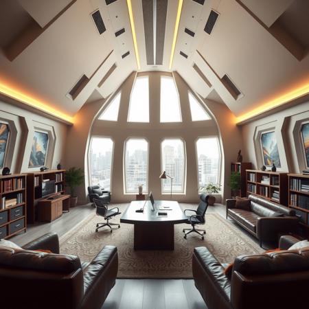 A spacious tall ceiling home office room in the star trek futuristic style, with desk and leather sofa, loft, library modern art,minimalist,  high detailed, 4k, masterpiece