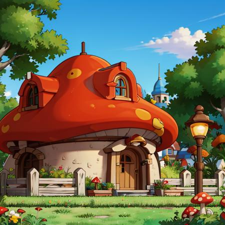 ((masterpiece,best quality)), absurdres,
<lora:Henesys_Maple_Story_Anime:0.7>, Henesys_Maple_Story,
outdoors, no humans, tree, grass, sky, house, scenery, mushroom, door, window, fence, chimney, sign, plant, building, nature,
cinematic composition,