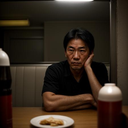 Gritty Portrait Photo of a weary,rugged individual sitting in a sparse,nondescript diner,his eyes betraying a sense of resigned acceptance,illuminated by the stark,fluorescent light overhead,from a close-up perspective,showcasing the film's exploration of fate,inevitability,and the changing nature of the world,<lora:more_details:0.7>,<lora:picxer_real:0.7>,asian face,aged up,