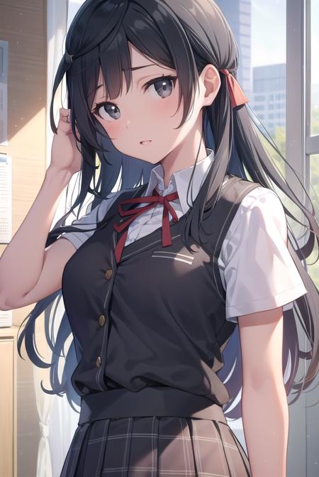 setsunayuuki, <lora:setsunayuuki-lora-nochekaiser:1>, 
setsuna yuuki, (black eyes:1.5), black hair, long hair, one side up, (medium breast:1.2), 
BREAK armband, blue vest, buttons, collared shirt, dress shirt, grey skirt, neck ribbon, nijigasaki academy school uniform, plaid, plaid skirt, pleated skirt, red ribbon, ribbon, school uniform, shirt, short sleeves, skirt, summer uniform, vest, white shirt,
BREAK looking at viewer, 
BREAK indoors, classroom, 
BREAK <lyco:GoodHands-beta2:1>, (masterpiece:1.2), best quality, high resolution, unity 8k wallpaper, (illustration:0.8), (beautiful detailed eyes:1.6), extremely detailed face, perfect lighting, extremely detailed CG, (perfect hands, perfect anatomy),