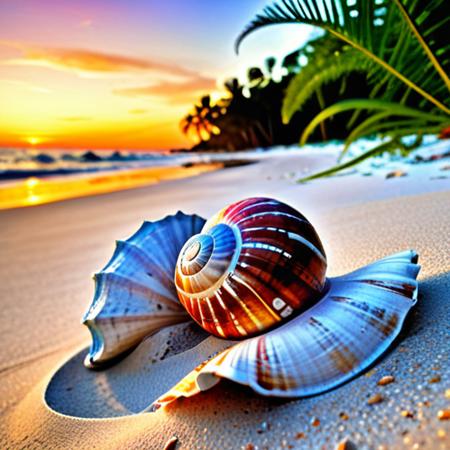 masterpiece, best quality, nicole demara:0.5,  Sunrise, palms, fern, sand, beach, sea, large seashell.