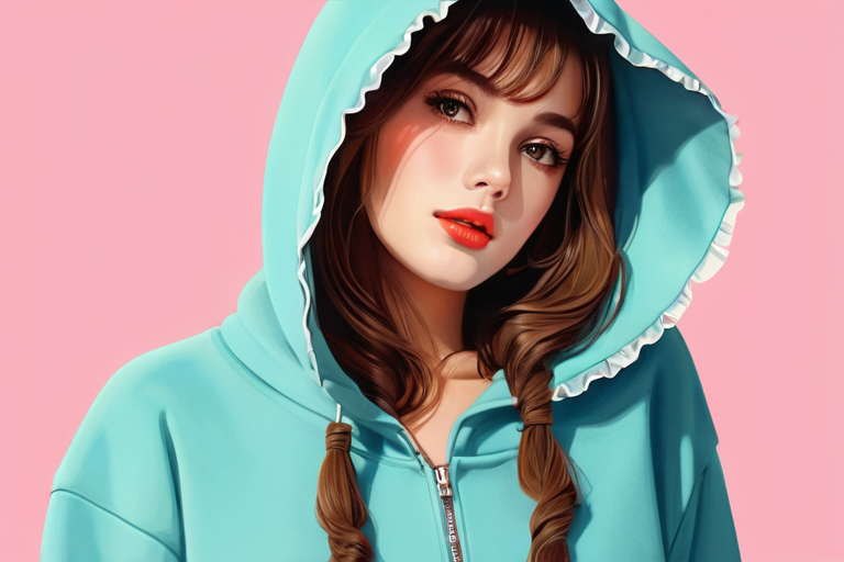 {{{{retro artstyle}}}}, {{masterpiece)),best quality,illustration,1 girl,mature female,small breast,beautiful detailed eyes,long sleeves, hoodie,frills, no shadow, simple background, bright skin, 1980s (style)