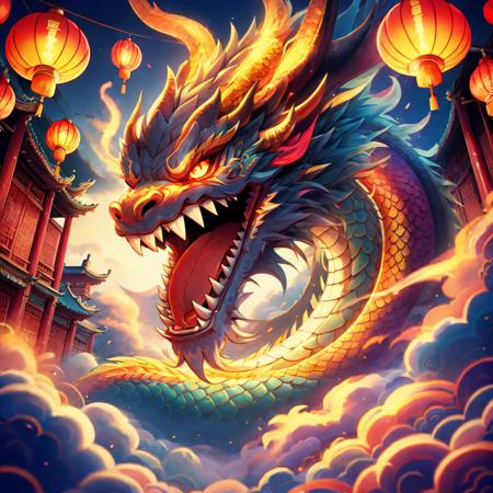 paper lantern, (dragon:1.1), eastern dragon, lantern, no humans, horns, architecture, east asian architecture, (glowing), scales, open mouth, cloud, sharp teeth, sky, fire, creature, tongue, night, (abstract:1.1),  <lora:DragonsAbstract:0.5>