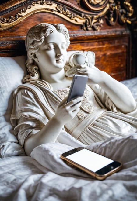 Antique statue lays in the bed, holding white smartphone in the hand, masterpiece