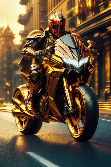a man (knight in shiny armor, armor is highly detailed and symmetrical) riding on a sleek TransformersStyle dark red and gold ftsbk racing motorcycle on a road, super realistic, ultra realistic, 32k, high detail, photo-realistic, symmetrical,