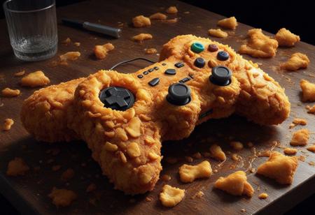 masterpiece, absurdres, best quality, photorealistic, DFC, a deep fried game controller on a messy table, nighttime