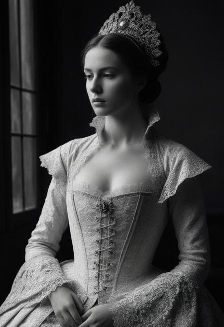(Soft Lighting Photography by Mimoza Veliu and Mario Giacomelli:1.2), NSFW, Ancient France royal costume, Rococo style, beautiful girl, side soft light, Dark environment, elegant, gorgeous, highly detailed, , nipples
