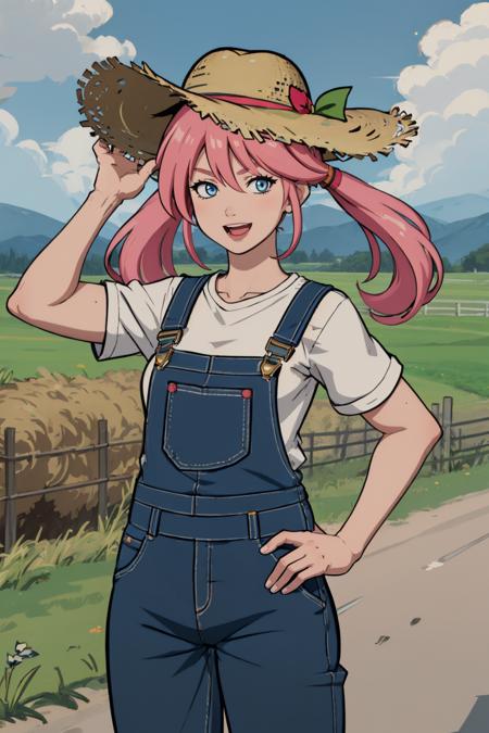 (masterpiece, best quality:1.2),  <lora:hifirush:.9>, hifirush, 1girl, solo, twintails, pink hair, hat, long hair, overalls, smile, straw hat, outdoors, long hair, open mouth, looking at viewer, shirt, day, white shirt, sky, cloud, blue eyes, farm, pants, muscular,