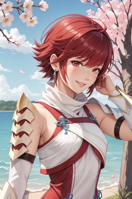 masterpiece, best quality, hinoka, short dress, white scarf, shoulder armor, vambraces, side view, upper body, looking at viewer, smile, hand in hair, cherry blossoms <lora:hinoka-nvwls-v1-000012:0.9>