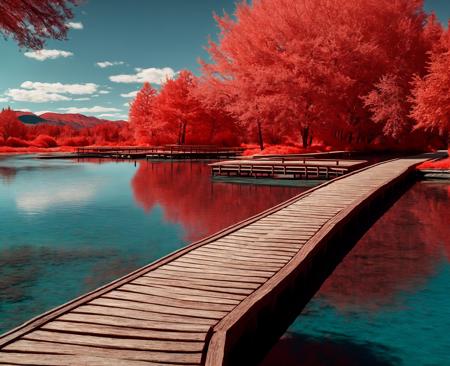 there is a wooden bridge that is over a body of water, a microscopic photo by Spencer Gore, pinterest, color field, infrared photography, red trees, infra - red,  <lora:Redia_yiu_v10:0.6>