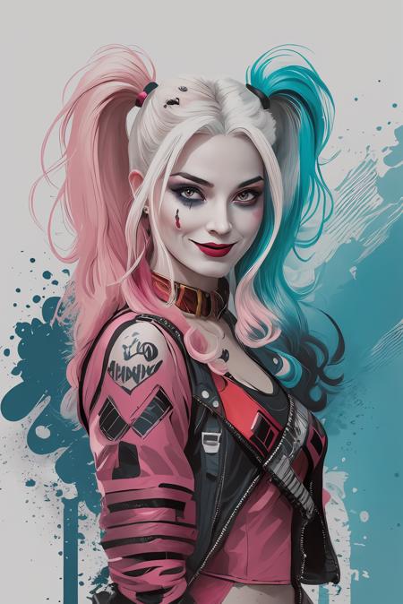 Harley Quinn, 1girl, smile, (evil:1.5)  twintails, (blue+pink hair:1.3), (blue+pink+white color:1.3), (white background:1.2), (vector art:1.5), (punk style:1.5), (lineart:1.5), high quality, high detailed, cinematic light, dramatic light <lora:Harley:0.77>,