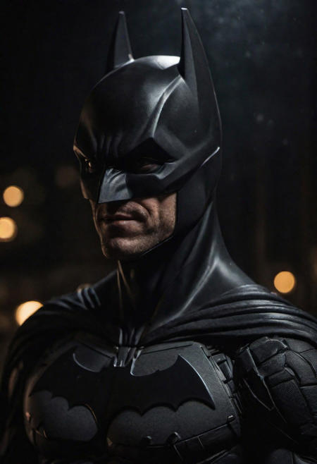 cinematic photo (the batman), . 35mm photograph, film, full body, bokeh, professional, 4k, highly detailed, realistic, detailed, photo realistic, sharp focus, 8k, Close-up, grim smile, relaxed pose, portrait movie shot, serious, menacing, chiaroscuro style photo, dark background, minimalism, dramatic lighting, professional quality, dull highlights and shadows, natural and  original,