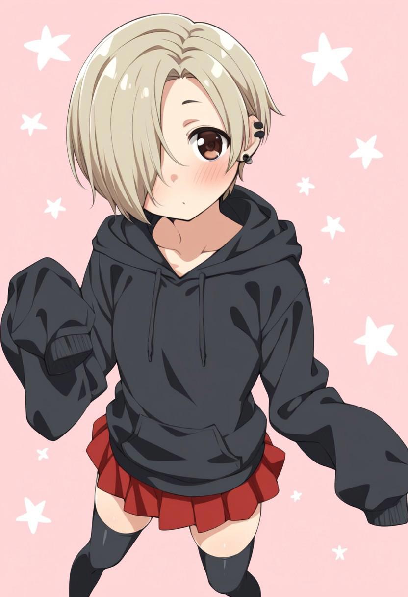 (zPDXL3):2.0, 1 girl, ((solo)), from above, petite, young, dynamic pose, flat chest, pettanko, small breasts, shirasaka koume, short hair, hair over an eye, brown eyes, ear piercing, blush, :o,looking at viewer, hoodie:(black hoodie), skirt, thighhighs, sleeves past wrists, sleeves past fingers