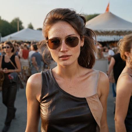 A beautiful 35mm photo of a 30 year old Dutch woman, sideview, (80's sleeveless t-shirt)), ((leather pants)), ((sunglasses)), ((full body:1.2)), she has a comely face, shy smile, in love, pale skin, very dark eyes, chocolate brown hair, straight hair, 70's fringe, ponytail, beautiful mouth, long face, narrow chin, freckles on nose, birthmarks on stomach, she is slim, natural tits, perfectly shaped tits, pubic hair, ultra realistic, extremely detailed, highly detailed eyes, realistic eyes, highly detailed skin, realistic skin, at a festival, having fun, happy, beautiful sky, soft natural light, Rembrandt style light, 8k resolution, masterpiece, 35mm, Hasselblad, film grain, (ultra high res:1.2),(photo-realistic:1.3) (skin pores:1.1)