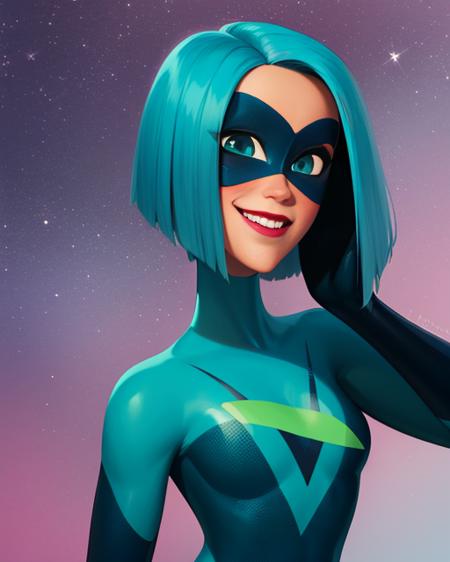 Voyd,blue hair ,dark skin,blue eyes ,short hair,lips, standing, upper body, blushing, smiling, 
VoySui, black domino mask multicolored ,bodysuit, boots,skin tight,
teal background, portals,  stars,
(insanely detailed, beautiful detailed face, masterpiece, best quality)   <lora:Voyd:0.8>