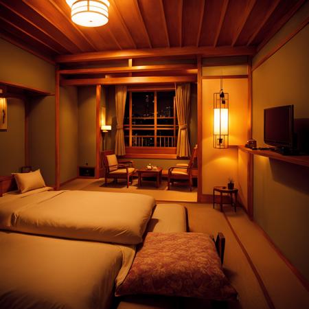 ryokan, scenery, television, table, indoors, window, bed, pillow, lamp, book, cabinet, sunlight, bedroom, chair, door, ceiling light, realistic,