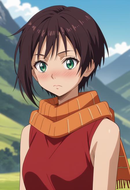 SoukaTS short hair, brown hair, green eyes short hair, brown hair, green eyes, dragon horns, dragon wings orange scarf, red shirt, black belt, red skirt, bike shorts, fishnet legwear, detached sleeves boots, black footwear