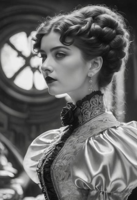 head and shoulders portrait of a tall and haughty Gibson Girl looking down her nose and curling her lip at the viewer, her elegant fitted evening gown is high necked and very tightly corseted with large puff sleeves, polished steel bdsm collar and chain, red lips, long and wavy and elaborately styled hair, high cheekbones, perfect proportions, descending a grand staircase, photograph