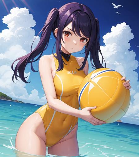 jill, cowboy shot, beach, one-piece swimsuit, partially submerged, 
<lora:Jill:1>