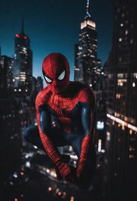 Portrait face Solo spiderman flying in new york , photograph ,pale beautiful photo, ultra detailedspiderman suit , night time, cinematic composition,  cinematic filtering